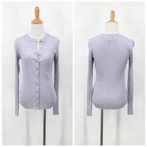 ENZA COSTA Cashmere Poorboy Rib Cardigan Women Medium Lilac Long Sleeve Crew Top
